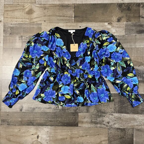 Blu Pepper Women's Peasant Blouse Deep V Vibrant Floral Top Blue Green - Picture 12 of 12